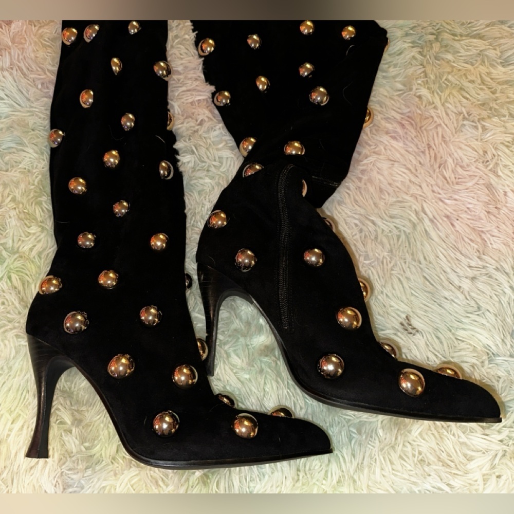 New Jeffrey Campbell Slouchy Over The Knee Studded Black Suede Boots - Picture 10 of 15